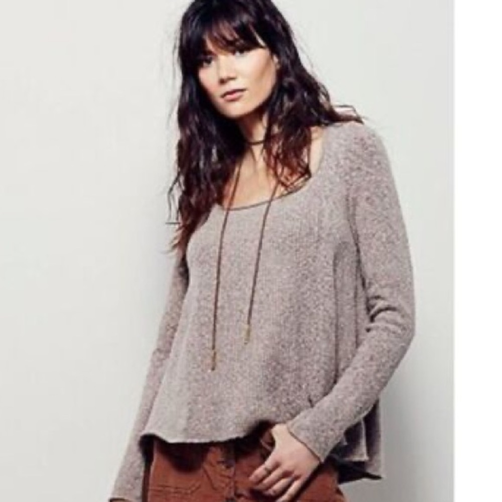 Free People Taupe Long Sleeve Scoop Neck Top